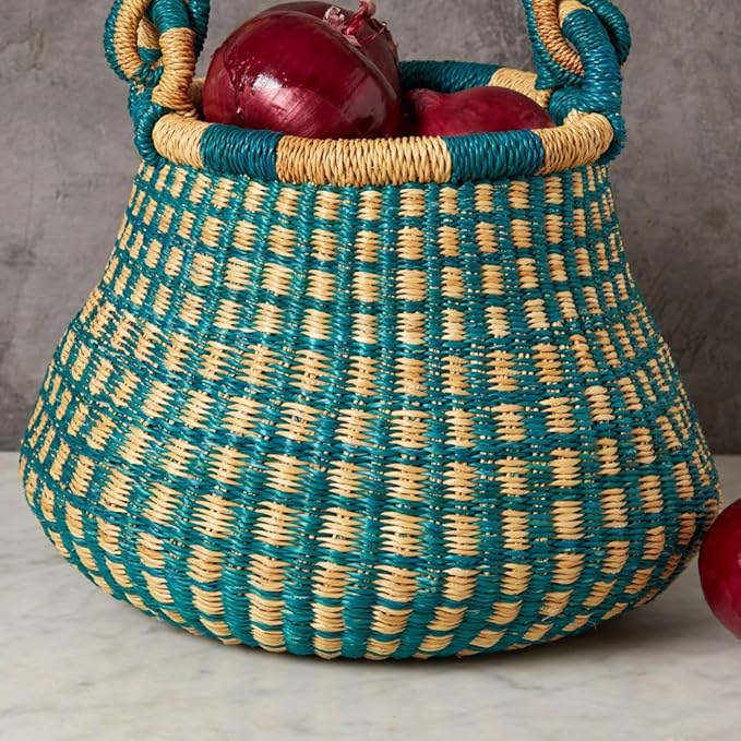 Kitchen Decor, Kitchen Storage, Fruit Basket, Wicker Basket, Woven, Shelf Decor, Decorative Basket, Harvestng Basket, Boho, African, Bolga, Pot Shape, 9" W, Small, Turquoise
