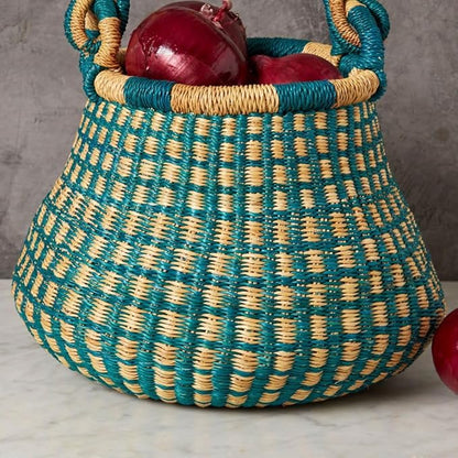 Kitchen Decor, Kitchen Storage, Fruit Basket, Wicker Basket, Woven, Shelf Decor, Decorative Basket, Harvestng Basket, Boho, African, Bolga, Pot Shape, 9" W, Small, Turquoise