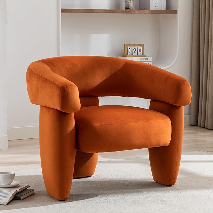 Mid Century Modern Accent Barrel Chair Comfy Upholstered Round Armchair with Montage Design, Velvet Boucle Lounge Chair for Living Room Bedroom Apartment, Orange