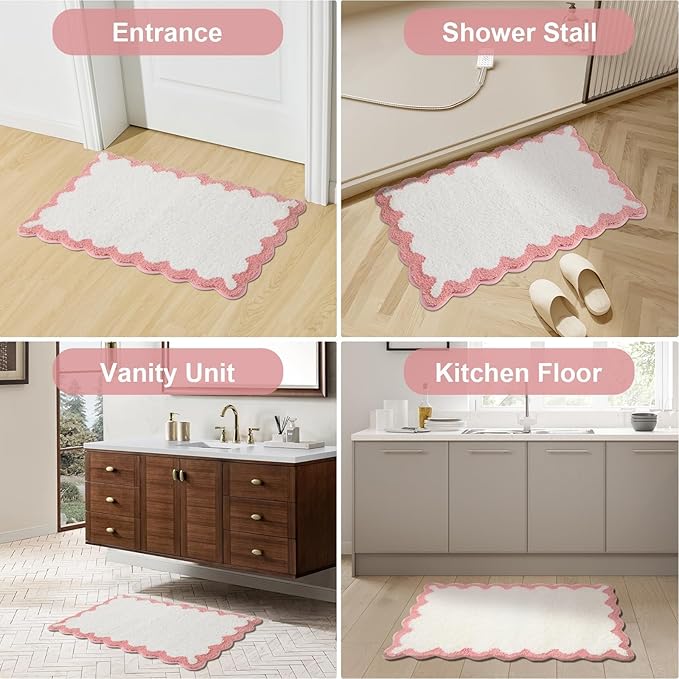 ORTIGIA Scalloped Pink Bathroom Rugs Non Slip Washable, Quick Dry Absorbent Soft Plush Microfiber Bath Mats, Bath Rugs for Bathroom Floor for Sink Bedroom, Pink and White, 20x32