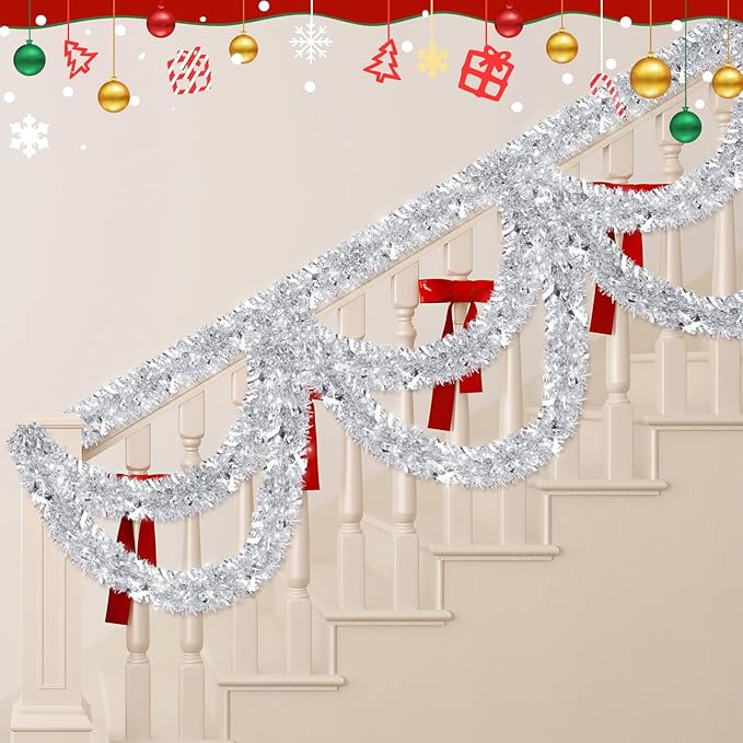 50FT Silver Christmas Tinsel Garland - Metallic Tinsel Glitter Twist Garland Hanging Streamers for Xmas Tree Garlands Decorations