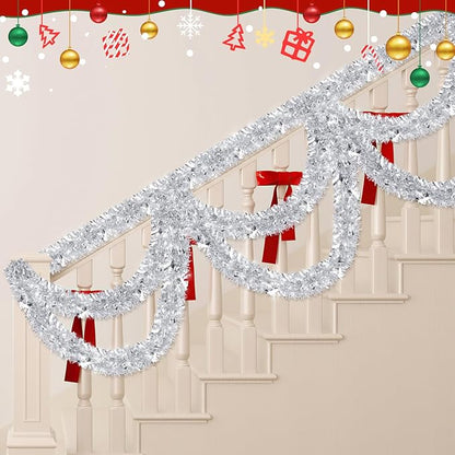 50FT Silver Christmas Tinsel Garland - Metallic Tinsel Glitter Twist Garland Hanging Streamers for Xmas Tree Garlands Decorations