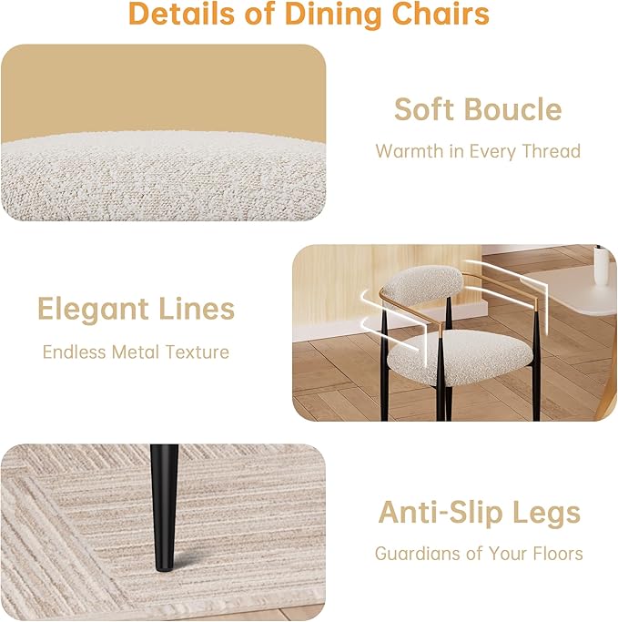 Morden Fort Modern Dining Chairs Set of 4, Upholstered Boucle Dining Chairs with Gold Armrest and Black Metal Legs for Kitchen, Living Room and Reception