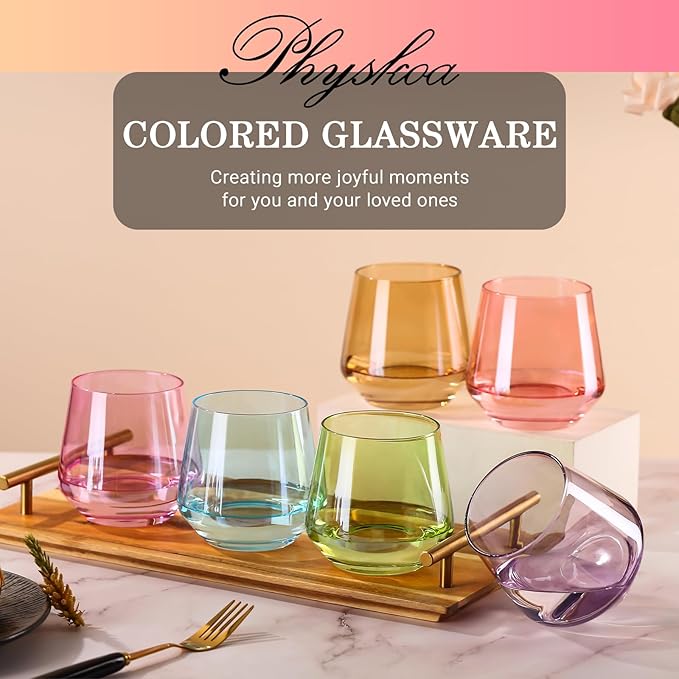 Physkoa Colored Stemless Wine Glasses Set of 6, Multi color Wine Glasses14oz,Diamond Shaped Cocktail Glass,Colorful Short Tumblers.Unique Drinkware for Home Party