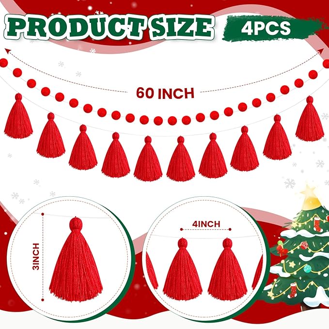 Syhood 4 Pcs Thanksgiving Christmas Pom Pom Tassel Garland Fall Felt Ball Banner Decorative Colorful Pompom Garland for Thanksgiving Autumn Xmas Theme Party Classroom Home Decor(Red Color)