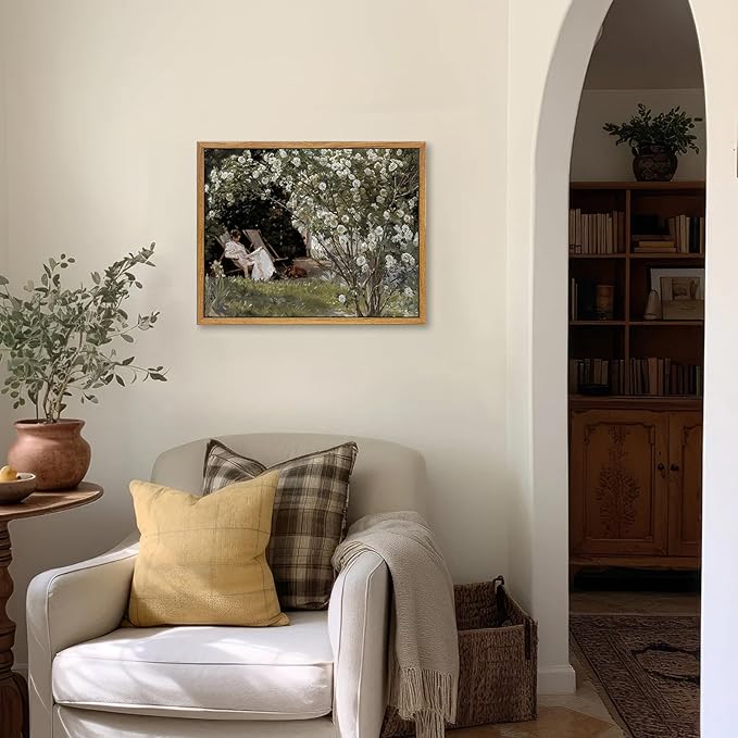 KBKBART Framed Vintage Canvas Wall Art, Retro French Country Garden Women Flower Classical Painting Bedroom Art Print, Rustic Vintage Wall Decor Ready To Hang for Bathroom, Living Room, Office,