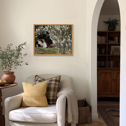 KBKBART Framed Vintage Canvas Wall Art, Retro French Country Garden Women Flower Classical Painting Bedroom Art Print, Rustic Vintage Wall Decor Ready To Hang for Bathroom, Living Room, Office,