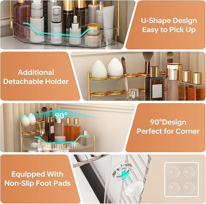 Corner Bathroom Counter Organizer with Makeup Brush Holder & Toothbrush Holders, Makeup Organizer for Vanity Countertop, Acrylic Skincare Storage Shelf (Clear, 2-Tier)