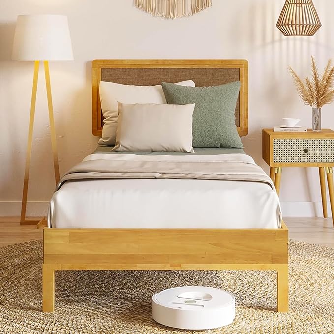 Bme Nipe 14 Inch Bohemian Bed Frame with Adjustable Woven Headboard - Rustic & Vintage Unique Style with Acacia Wood - No Box Spring Needed - Easy Assembly - Twin, Natural