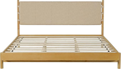 Premium Rubber Wood Platform Bed Frames, King Size Headboard Included, Mid Century Modern Beds, Beige