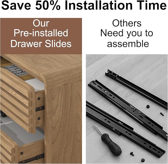 Tall Dresser for Bedroom, Fluted Dresser with 6 Drawers, Chests of Drawers with Grille & Curved Design, Dressers Slides Pre-Installed, Large Wood Drawer Organizer for Bedroom Hallway, Natural Oak