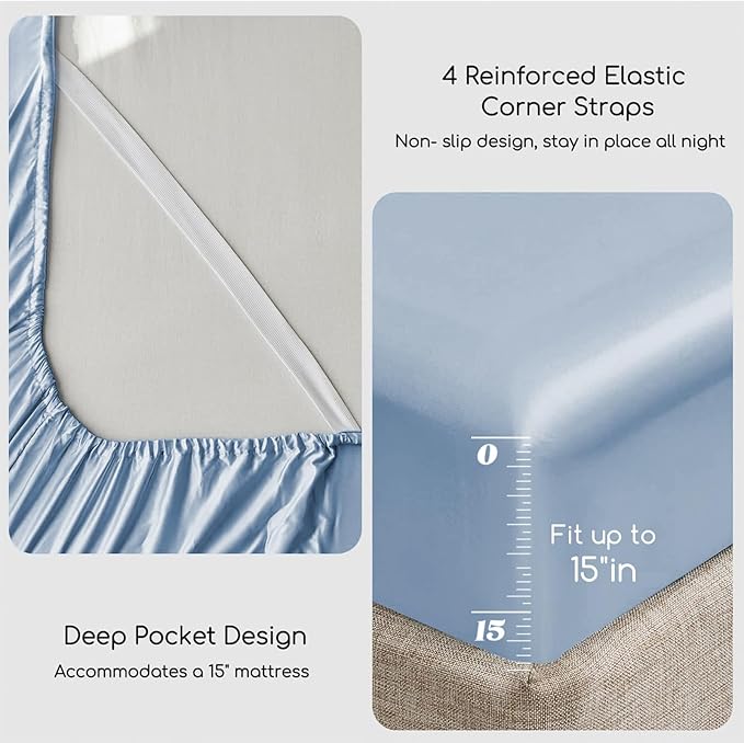 MR&HM Satin Bed Sheets with Elastic Corner Straps, Queen Size Sheets Set, 4 Pcs Silky Bedding Set with 15 Inches Deep Pocket for Mattress (Queen, Blue Haze)