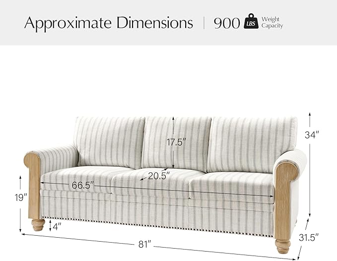 EcoHarbor Living 3-Seater Couch, Stripe 81" Mid-Century Modern Upholstered Sofa with Armrests, Stripe Couches for Living Room, Bedroom, Office, Apartment
