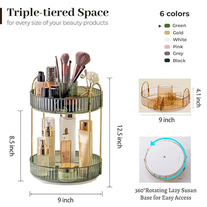 Aveniee Rotating Makeup Organizer for Vanity, Upagraded Perfume Skincare Bathroom Counter Organizers with Brush Divider, 2 Tier Spinning Lipstick Cosmetic Lotion Storage,Green
