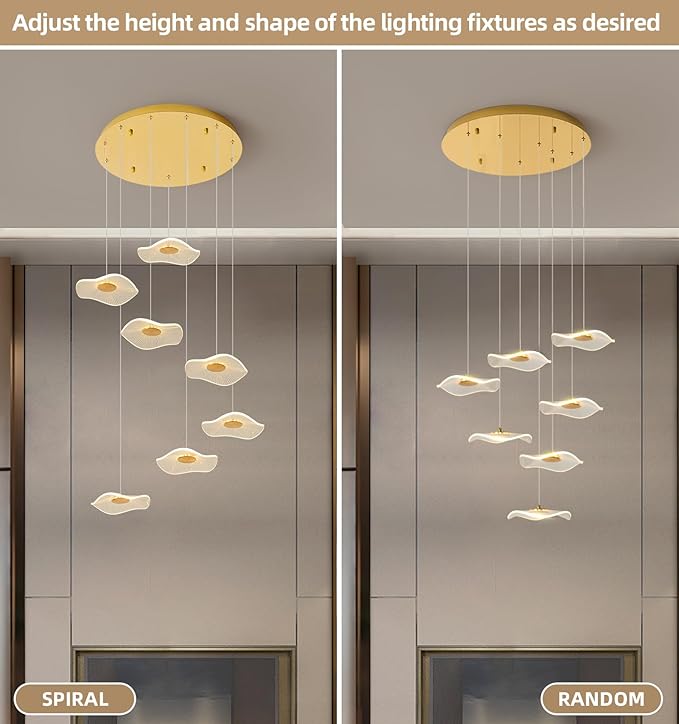 ziidoo High Ceiling Chandelier - 7-Light Dimmable Modern Gold Long Spiral Luxury Linear Lotus Leaf Led Lamp Hanging Pendant Lights for Foyer Enterway Staircase Villas