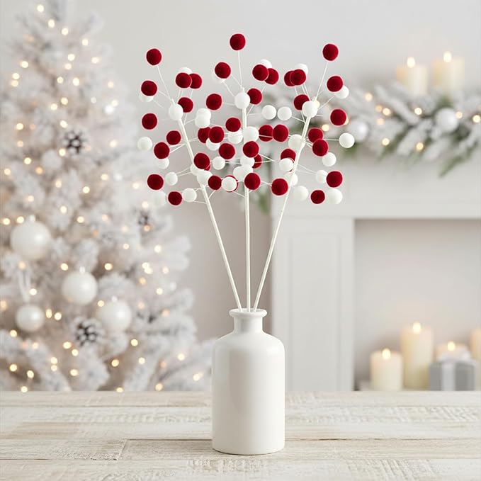 6 Pcs Red White Pom Poms Christmas Decorations & Felt Christmas Picks and Sprays DIY Xmas Tree Toppers, Festive Tree Filler & Decor (Redwhite)