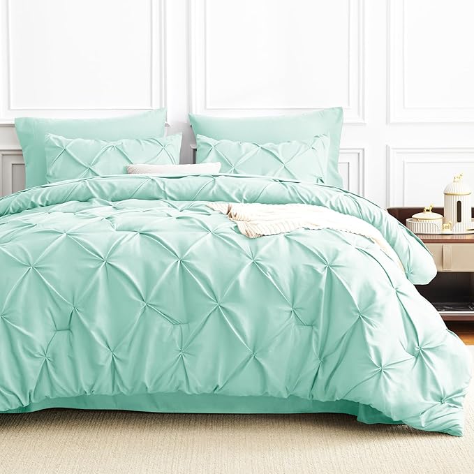 CozyLux Queen Comforter Set Mint Green, 7 Pieces Pintuck Bed in A Bag, Premium Green Comforter Queen Size, Pinch Pleat Bedding Sets with Comforter, Flat Sheet, Fitted Sheet, Pillowcases & Shams