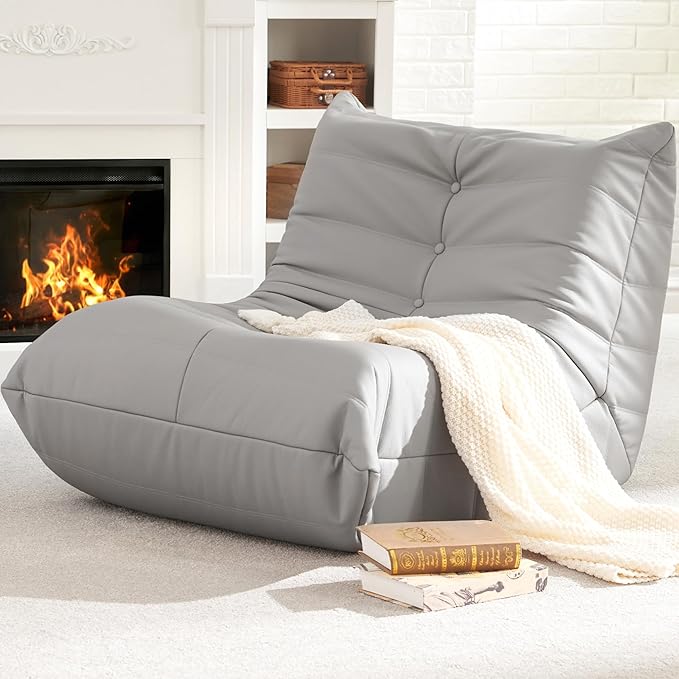 Hobestluk Giant Bean Bag Chair Lazy Floor Sofa, Fireside Sofa for Adults, Big Beanbag Faux Leather Armless Chair for Living Room Bedroom Dorm Office (Light Grey, Single)