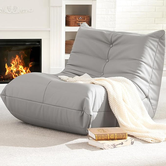 Hobestluk Giant Bean Bag Chair Lazy Floor Sofa, Fireside Sofa for Adults, Big Beanbag Faux Leather Armless Chair for Living Room Bedroom Dorm Office (Light Grey, Single)