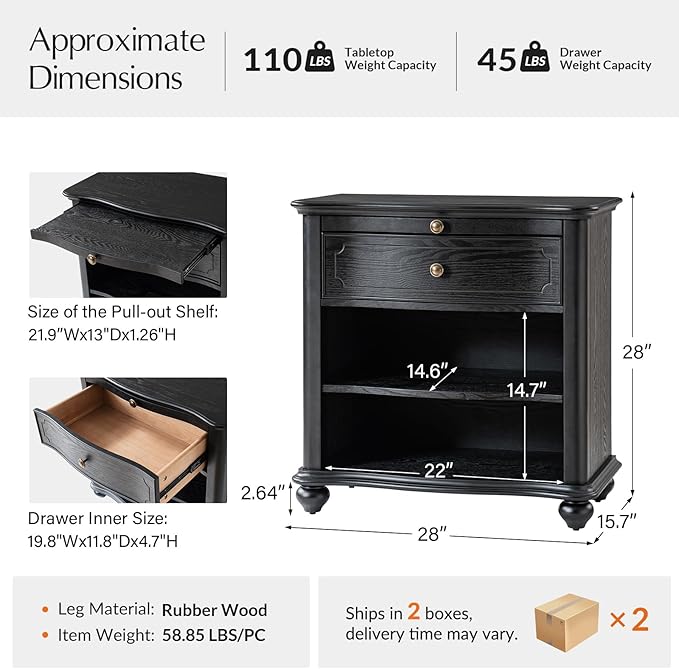 HULALA HOME Wooden Nightstand with Pull-Out Shelf, Mid Century Modern Nightstand with Solid Wood Drawers and Legs, Adjustable Storage Set of 2, Black