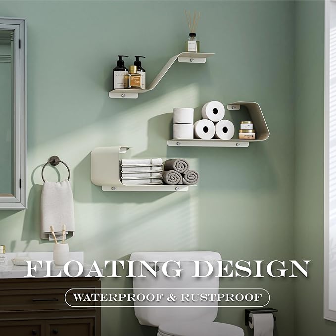 Floating Shelves - Set of 3 Wall Mounted Metal Shelves with Unique Design for Wall Storage, Book Shelf, Display Shelves for Bathroom, Bedroom, Kitchen, Living Room, White