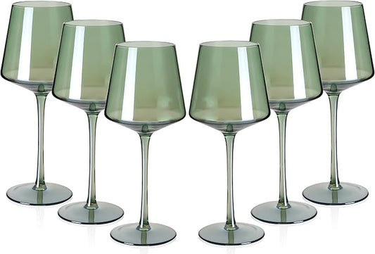 Green Wine Glasses Set of 6-18oz Colored Square Wine Glasses with Tall Long Stems and Flat Bottom,Crystal Colorful Wine Glass-Unique Gifts for Wine Lovers,Wedding,Engagement Gifts (Light Blue Sea)