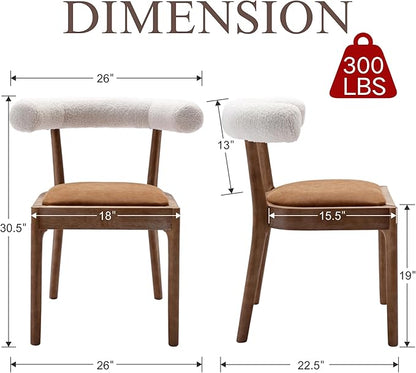 Wood Dining Chairs Set of 6, Mid Century Modern Living Room Chairs with Unique Curved Sherpa Open Back Comfy PU Upholstered Side Chair for Kitchen/Restaurant/Reception, Brown