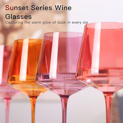 Colored Wine Glasses Set of 6 – 18oz Hand-Blown Crystal Stemmed Wine Glasses, Vibrant Sunset Square stemware for Red & White Wine, Unique Gift for Wedding, Anniversary, Birthday