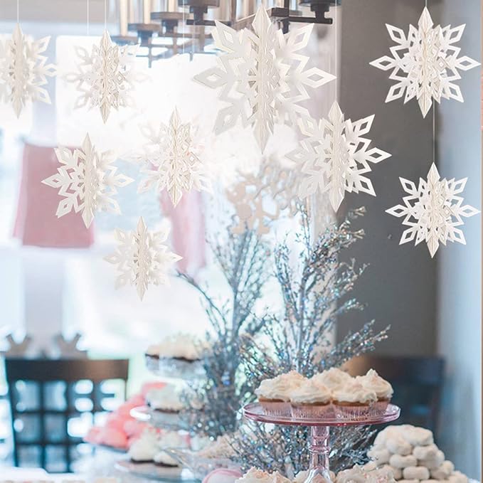 GuassLee Winter Wonderland Frozen Party Decorations - White 12pcs Hanging 3D Paper Snowflakes and Snowflake Garland for Christmas Birthday Parties