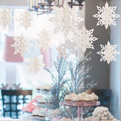 GuassLee Winter Wonderland Frozen Party Decorations - White 12pcs Hanging 3D Paper Snowflakes and Snowflake Garland for Christmas Birthday Parties