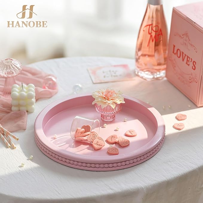 Hanobe Pink Tray Decorative Round: Beaded Perfume Trays Decor Circle Vanity Makeup Serving Tray for Ottoman Bathroom Counter