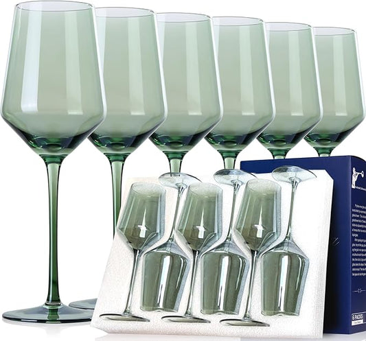 Green Wine Glasses Set of 6-15oz Hand-Blown Green Wine Glass Set for Bar Party Wine Glasses