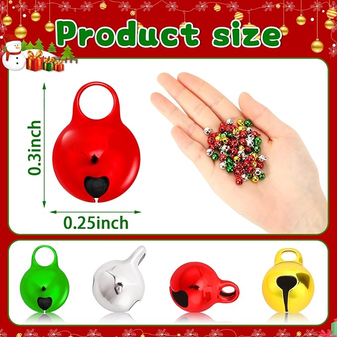 Augshy 200 Pieces Jingle Bells 1/4 Inch Craft Bell Mini Bell Bulk for Christmas Home and Pet Decorations Bracelet Necklace Jewelry Making Xmas Decor Party Favors Supplies (Gold, Silver, Red, Green)