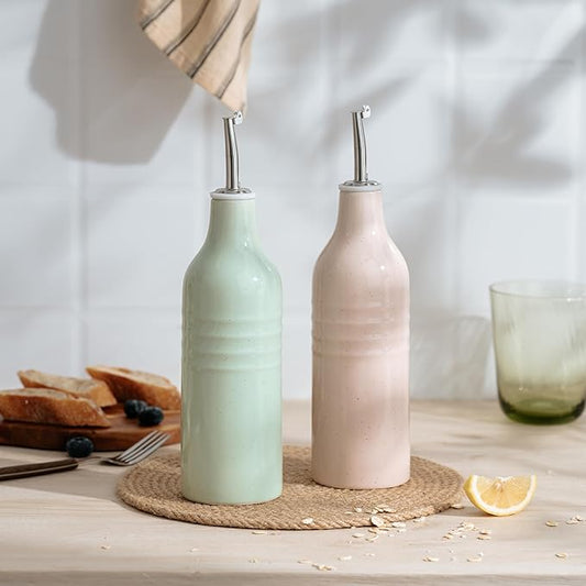 famiware Jupiter 16oz Ceramic Olive Oil Dispenser Bottle, Olive Oil and Vinegar Dispenser Bottle Set of 2 with Stainless Steel Pourers, Suitable for Storage Vinegar, Liquids, Light Pink & Light Green