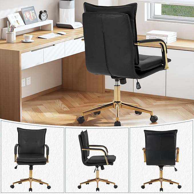 MOJAY Mid-Back Ergonomic Leather Desk Chair, Modern Upholstered Computer Chair, Executive Office Chair with Arms, Swivel Adjustable Rolling Chair with Gold Base (Black)