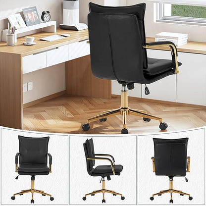 MOJAY Mid-Back Ergonomic Leather Desk Chair, Modern Upholstered Computer Chair, Executive Office Chair with Arms, Swivel Adjustable Rolling Chair with Gold Base (Black)