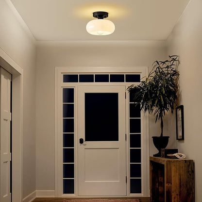 Mid-Century Modern Semi Flush Mount Ceiling Light, Metal Kitchen Light Fixture with Glass Shade, Mini White and Black Colse to Ceiling Lamp for Entryway Hallway Bathroom (8.66 Inch)