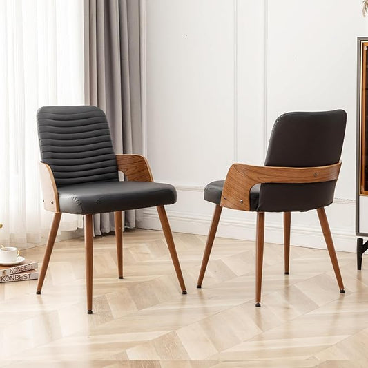 Dining Room Chairs Set of 2,Mid Century Modern Kitchen Chairs,Upholstered Faux Leather Chairs,Metal Legs Wooden Desk Chairs,Armless and No Wheels for Kitchen Dining Living Room,Black