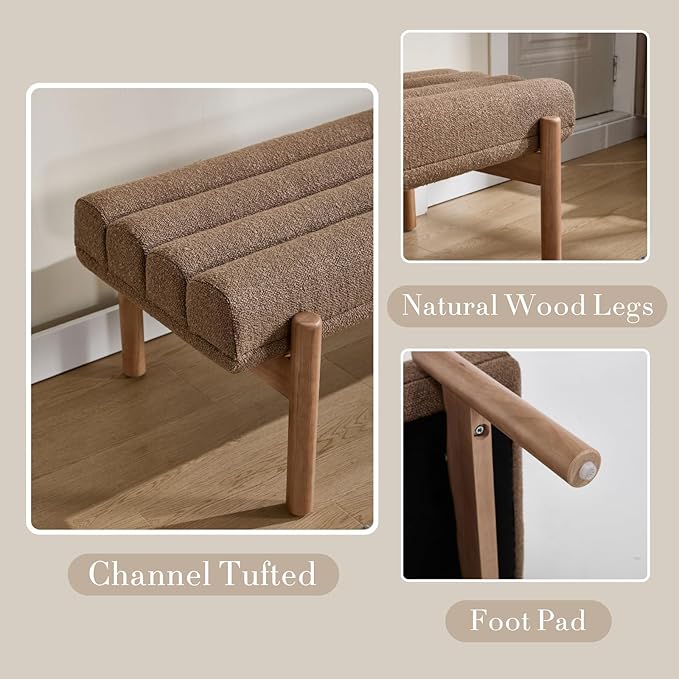 47" Modern Upholstered End of Bed Bench, Brown Chenille Channel Tufted Entryway Bench with Wood Legs, Comfy Bedroom Bench Long Ottoman for Living Room Hallway Vanity Room
