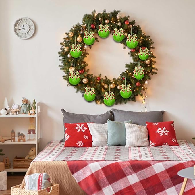 12 Pcs Furry Christmas Ball Ornaments with Bow, Lime Green Ball Ornaments for Christmas Tree Decorations Set, Hanging Pom Pom Xmas Party Supplies (Polka Dot, 2.36")