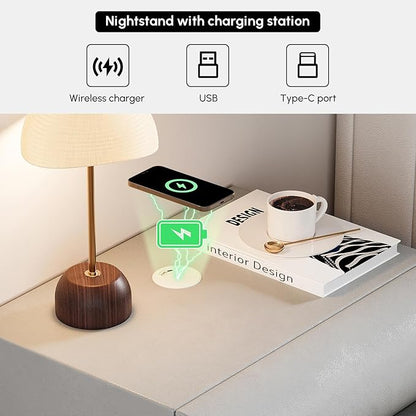 homary 2-Drawer Smart Nightstands Set of 2 with Wireless Charging Station, USB & Type-C Ports, Faux Leather Light Gray Night Stands Modern Bedside Tables for Bedroom Storage, Fully Assembled