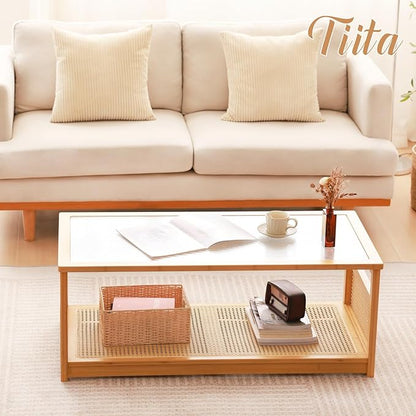 Tiita Coffee Tables for Living Room，Mid Century Modern Storage 2-Tier Coffee Tables，Rattan Glass RectangleTables，Suitable for Living Room Apartment，Wood