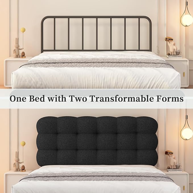 BarnFurin Queen Bed Frame, Platform Bed with Soft Teddy Boucle Upholstered Headboard, Two Bed Forms Design, Wooden Slats Support, No Boxing Spring Needed, Easy Assembly, Black
