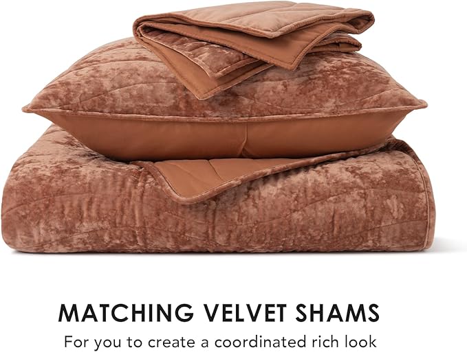 EVERGRACE Luxury Velvet Quilt King Size, Ultra Soft Wave Crushed Velvet Bedding Set, Lightweight Quilted Comforter Set for All Season, Oversized Bedspread Coverlet with 2 Shams, Burnt Orange
