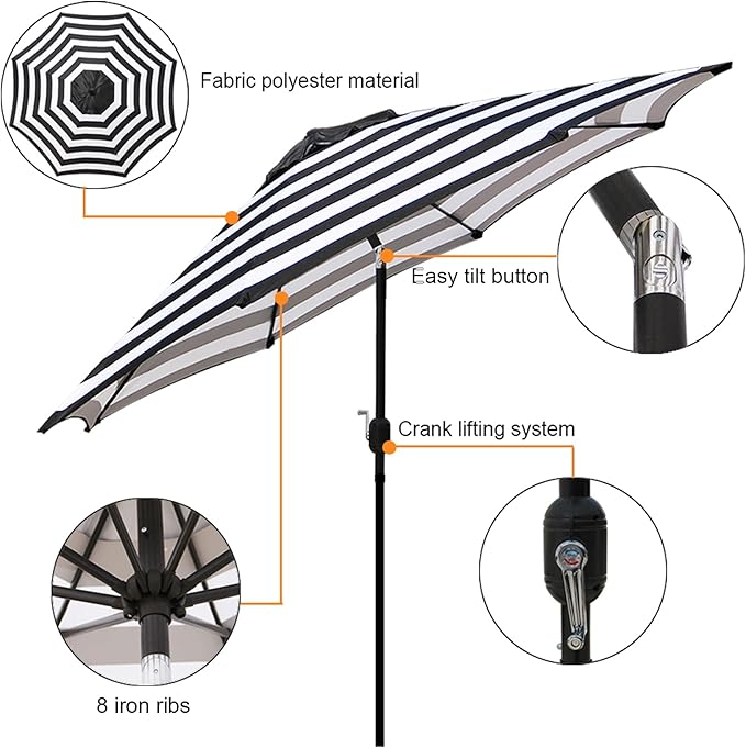 Blissun 9' Outdoor Patio Umbrella, Outdoor Table Umbrella, Yard Umbrella, Market Umbrella with 8 Sturdy Ribs, Push Button Tilt and Crank
