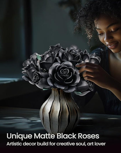 iATOM Black Rose Bouquet Building Set, Compatible with Lego Flowers for Adults - Halloween Artificial Flowers Kit, Gothic Horror Retro Botanical Collection Home Decor - IA11001