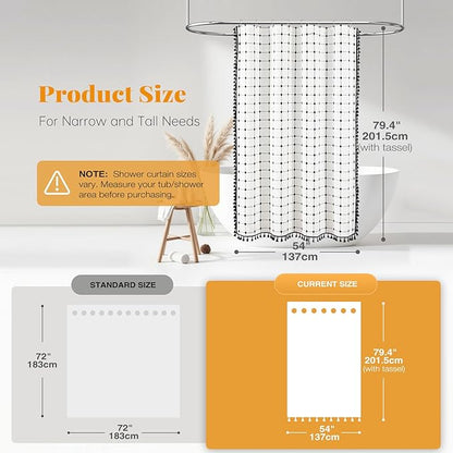 BTTN Stall Fabric Shower Curtain - 54x78 Inch Boho Linen Heavy Duty Tassel Shower Curtain Set with 10 Hooks, Narrow Rustic Modern Farmhouse Neutral Cloth Shower Curtains for Bathroom - White and Black