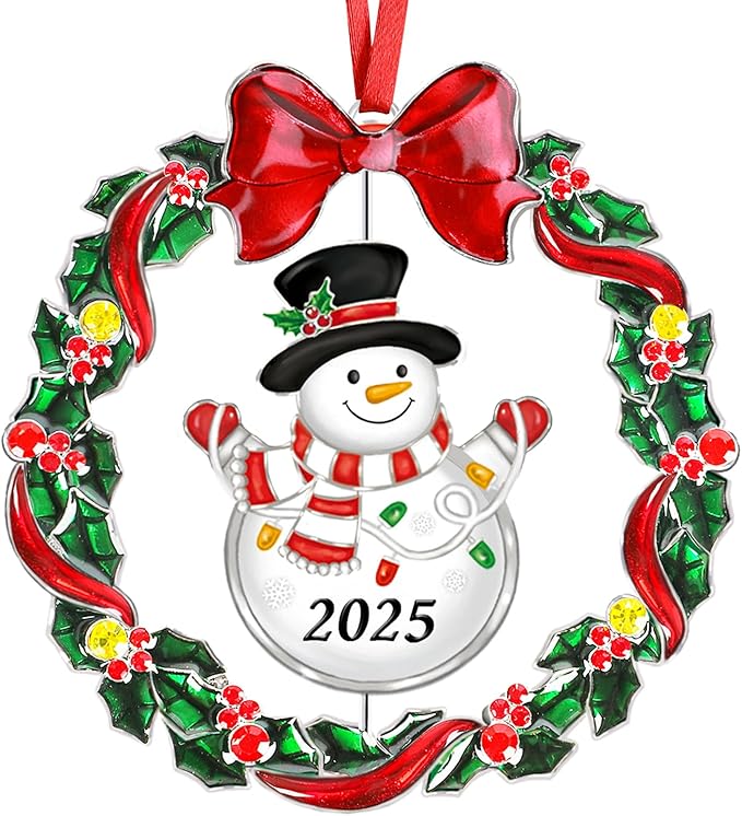 2025 Christmas Ornaments for Tree,Christmas Wreath Ornaments 2025 with Rotatable Tree for Christmas Tree Decorations Holiday Decorative Annual Keepsake Gift (Metal,Silver)