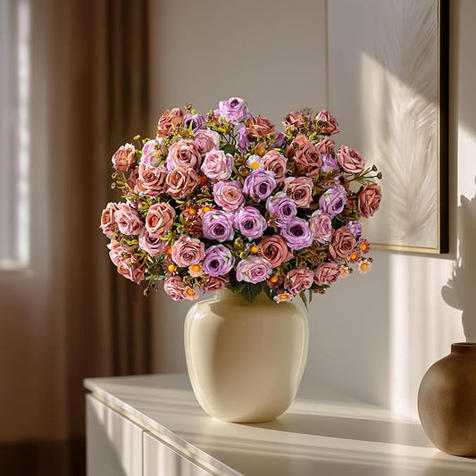 Artificial Flowers for Outdoor 4 Bundles Rose Bouquet with Daisy Faux Flowers UV Resistant for Home Indoor Outside Garden Porch Window Box Balcony Yard Porch Decor (Purple+Brown)