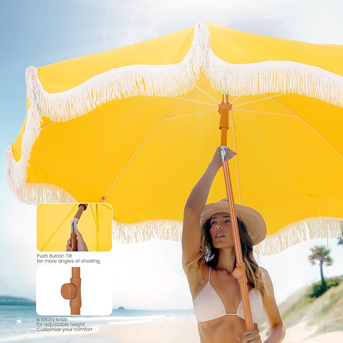PHI VILLA 7ft Beach Umbrella with Fringe & Sand Anchor, Outdoor Patio Heavy Duty Windproof Portable Tassel Umbrellas for Sand with Push Button Tilt & Carrying Bag, UPF 50+, Yellow